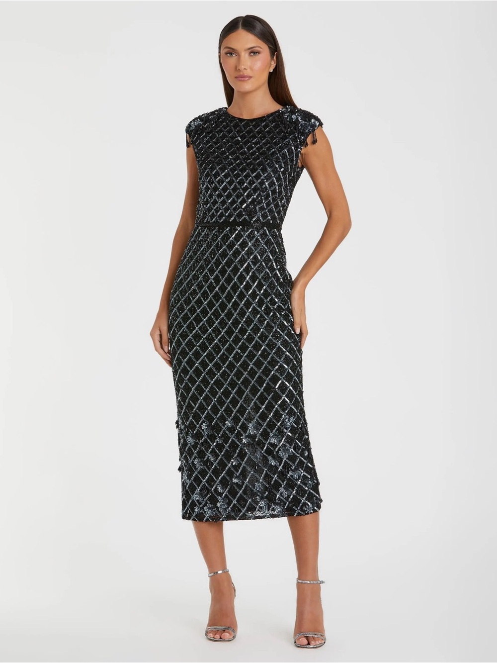 Mac Duggal 5776 NWOT Black High Neck Dress w/ Crystal Fringe Detail